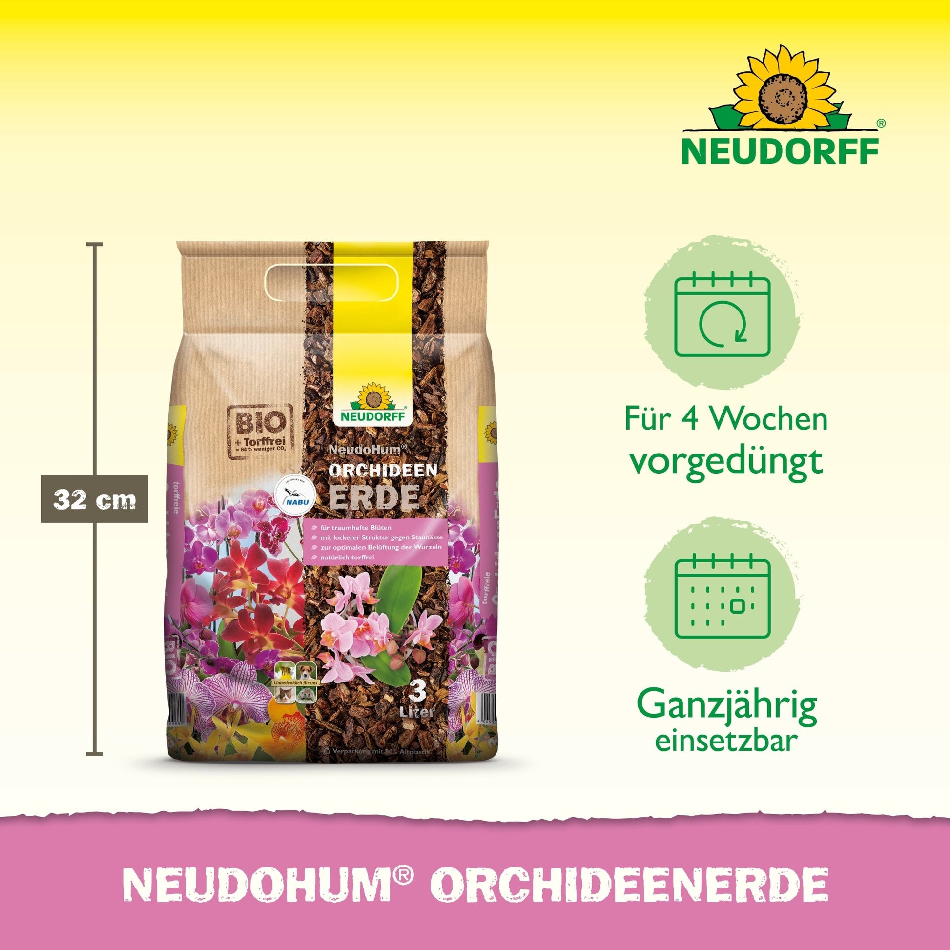 A 3-liter bag of NeudoHum Orchid Soil from the Neudorff Shop stands upright next to a 32 cm high scale, marked with 4 weeks of pre-fertilization and year-round use. The background is in shades of yellow and pink.