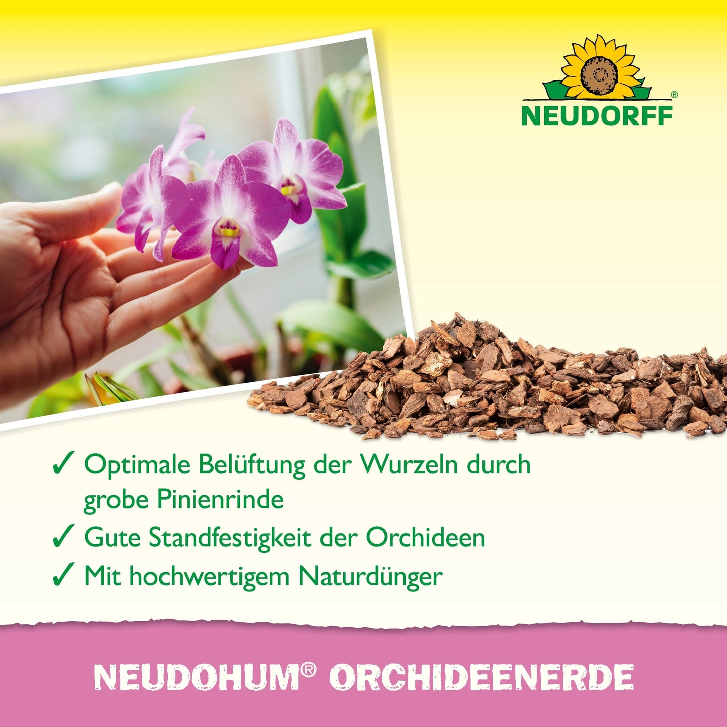 A hand holds a blooming orchid near a window, with coarse pine bark in front. The text shows the NeudoHum Orchid Soil from Neudorff Shop - perfect for orchid care, root aeration, and as a natural fertilizer when repotting.