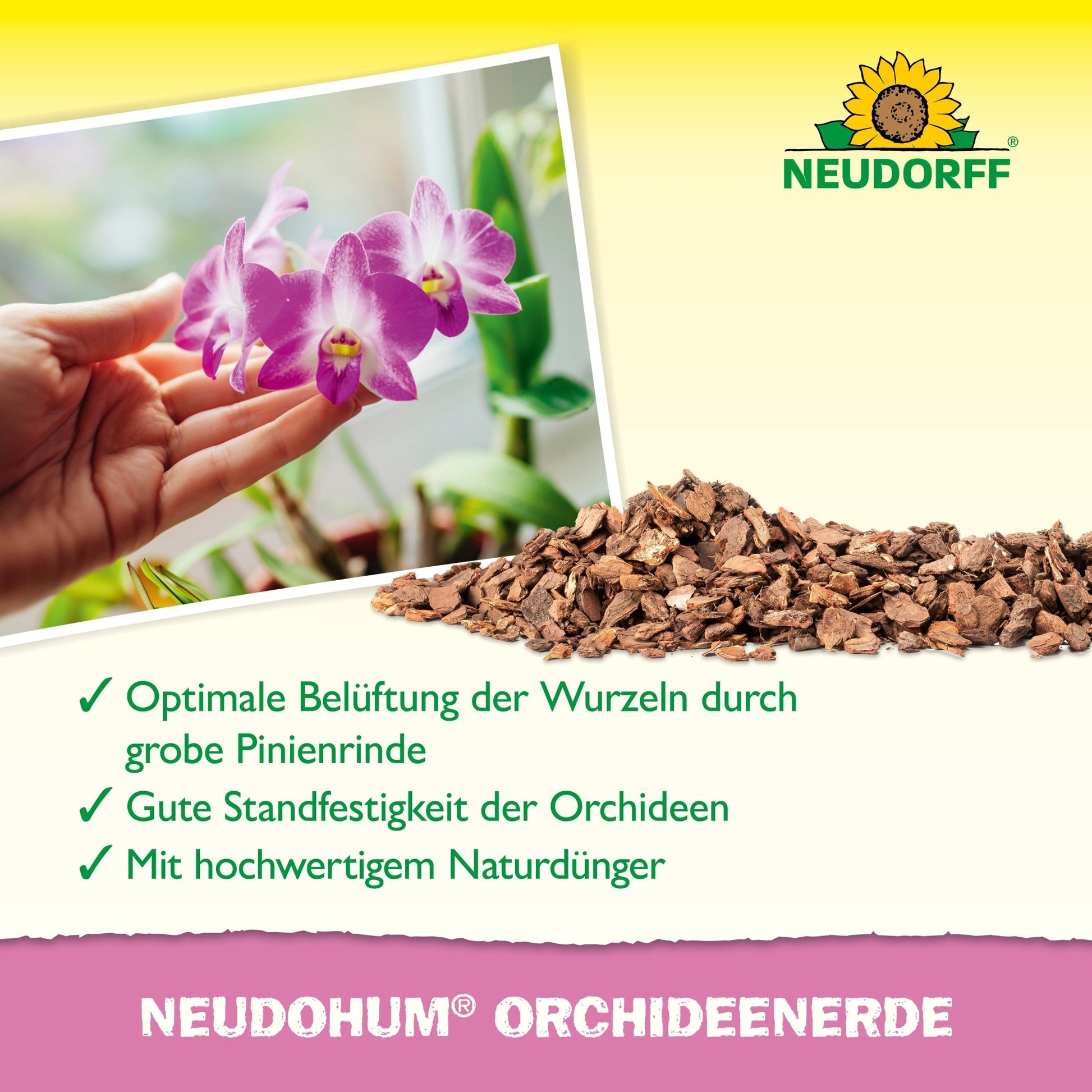 A hand holds a blooming orchid near a window, with coarse pine bark in front. The text shows the NeudoHum Orchid Soil from Neudorff Shop - perfect for orchid care, root aeration, and as a natural fertilizer when repotting.