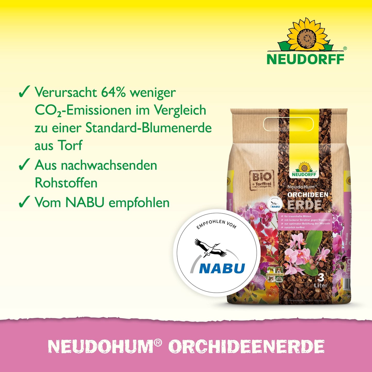 A bag of NeudoHum Orchid Soil from the Neudorff Shop stands upright with "peat-free soil", reduced CO₂, renewable raw materials, and a NABU recommendation. Ideal for repotting orchids and sustainable care. Next to the bag is a NABU plaque.