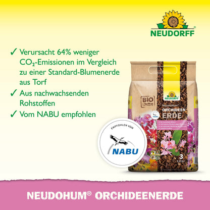 A bag of NeudoHum Orchid Soil from the Neudorff Shop stands upright with "peat-free soil", reduced CO₂, renewable raw materials, and a NABU recommendation. Ideal for repotting orchids and sustainable care. Next to the bag is a NABU plaque.
