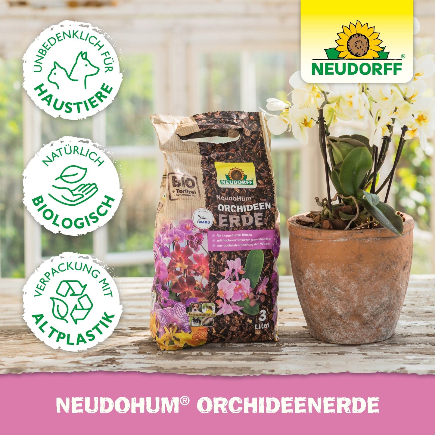 A bag of NeudoHum Orchid Soil from the Neudorff Shop stands on a wooden table next to a white potted orchid, with product details and three eco-friendly symbols visible on the left.