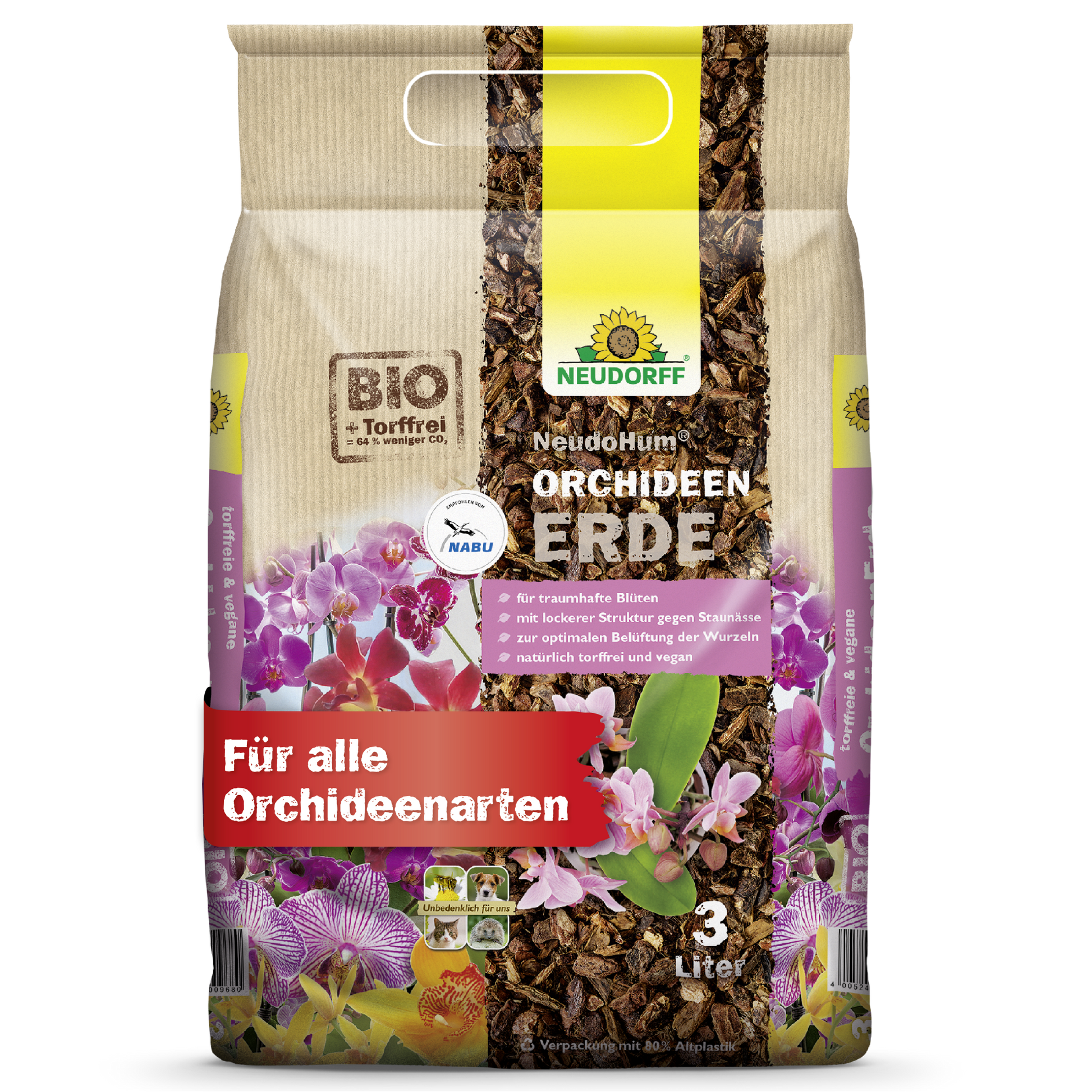 A 3-liter bag of NeudoHum Orchid Soil from Neudorff Shop, with orchid motifs on the packaging. It is suitable for all orchids, supports healthy root growth, and makes caring for your plants easy.