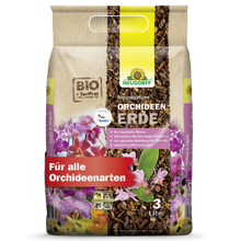 A 3-liter bag of NeudoHum Orchid Soil from Neudorff Shop, with orchid motifs on the packaging. It is suitable for all orchids, supports healthy root growth, and makes caring for your plants easy.