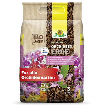 A 3-liter bag of NeudoHum Orchid Soil from Neudorff Shop, with orchid motifs on the packaging. It is suitable for all orchids, supports healthy root growth, and makes caring for your plants easy.