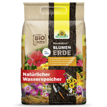 A 3-liter bag of NeudoHum potting soil from Neudorff Shop with flower images, trowel, and soil on peat-free organic plant substrate packaging; serves as a natural water reservoir for garden plants.
