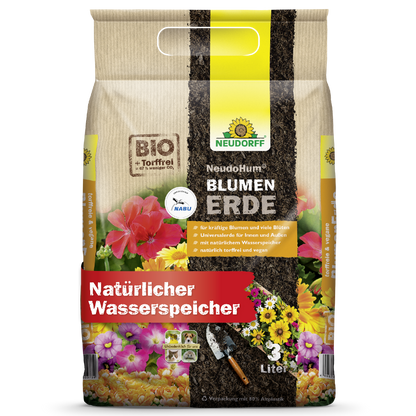 A 3-liter bag of NeudoHum potting soil from Neudorff Shop with flower images, trowel, and soil on peat-free organic plant substrate packaging; serves as a natural water reservoir for garden plants.