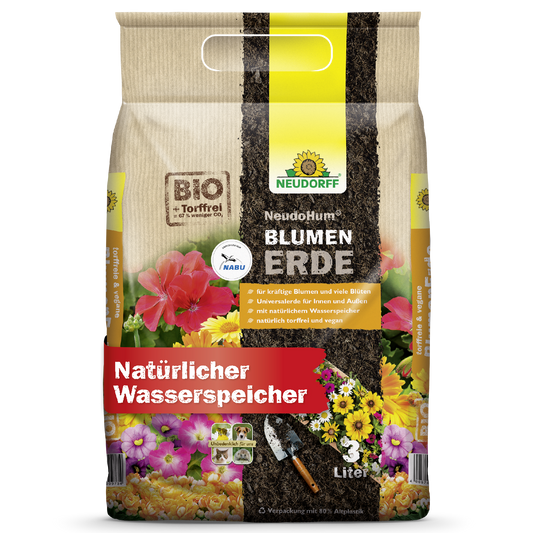 A 3-liter bag of NeudoHum potting soil from Neudorff Shop with flower images, trowel, and soil on peat-free organic plant substrate packaging; serves as a natural water reservoir for garden plants.