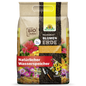 A 3-liter bag of NeudoHum potting soil from Neudorff Shop with flower images, trowel, and soil on peat-free organic plant substrate packaging; serves as a natural water reservoir for garden plants.