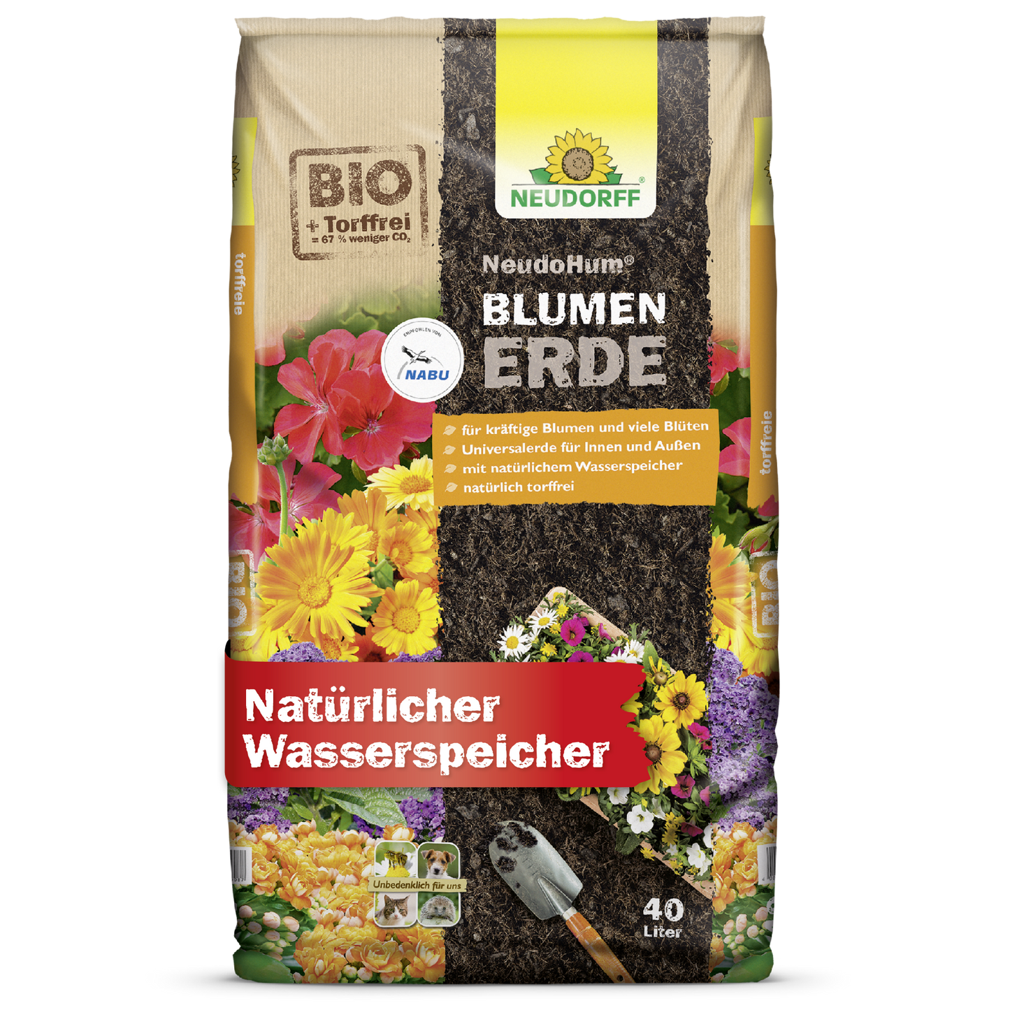 A 40-liter bag of NeudoHum potting soil from Neudorff Shop with floral motifs, a trowel, and labels highlighting organic quality and natural water storage - perfect for garden plants and high-quality planting substrate.