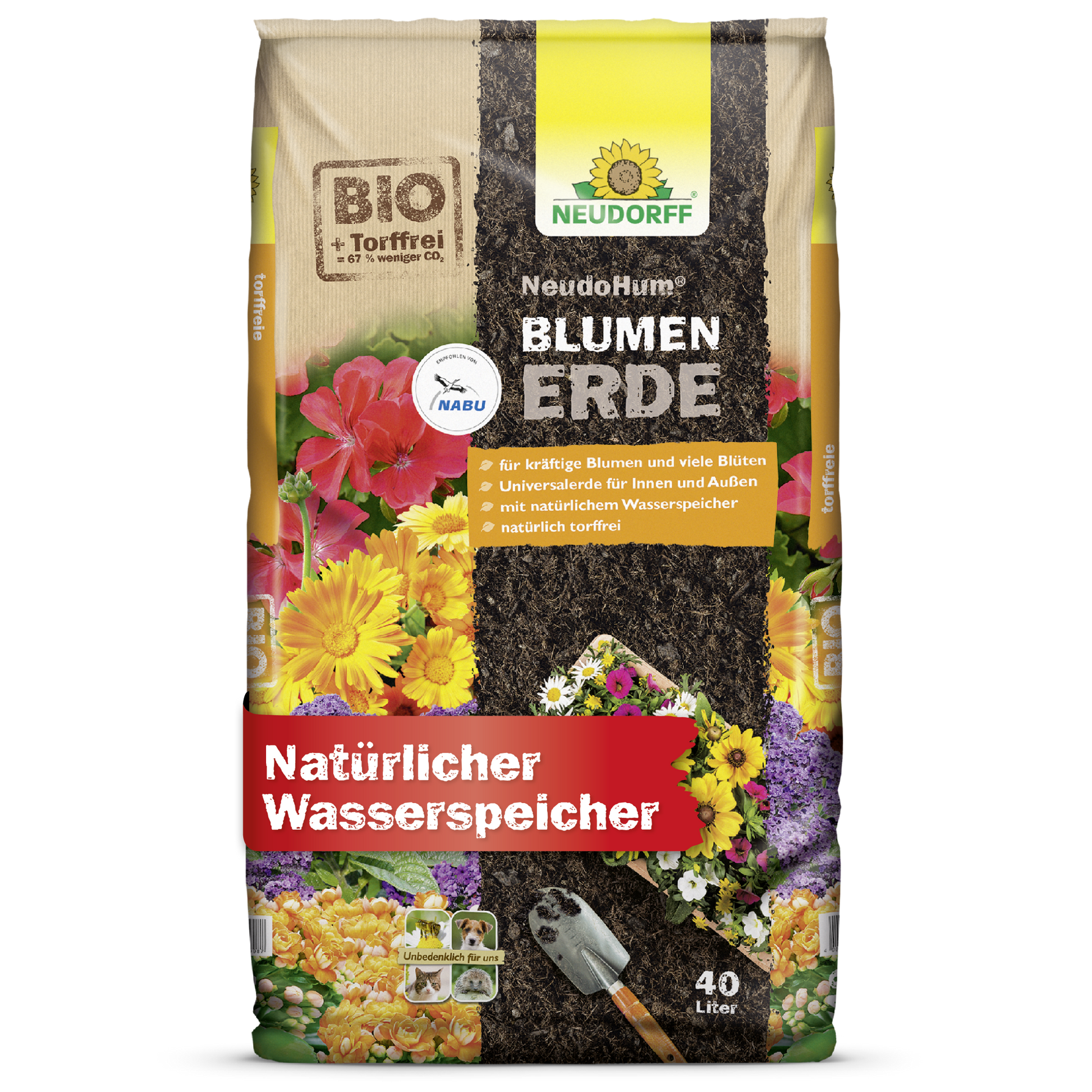 A 40-liter bag of NeudoHum potting soil from Neudorff Shop with floral motifs, a trowel, and labels highlighting organic quality and natural water storage - perfect for garden plants and high-quality planting substrate.