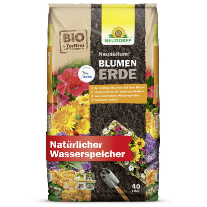 A 40-liter bag of NeudoHum potting soil from Neudorff Shop with floral motifs, a trowel, and labels highlighting organic quality and natural water storage - perfect for garden plants and high-quality planting substrate.