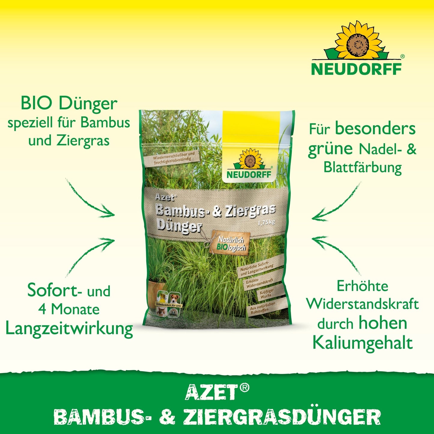 In the middle, a bag of Neudorff Shop Azet Bamboo & Ornamental Grass Fertilizer is depicted, with German text about long-lasting effects and greener leaves for bamboo and ornamental grass on a white and green background.