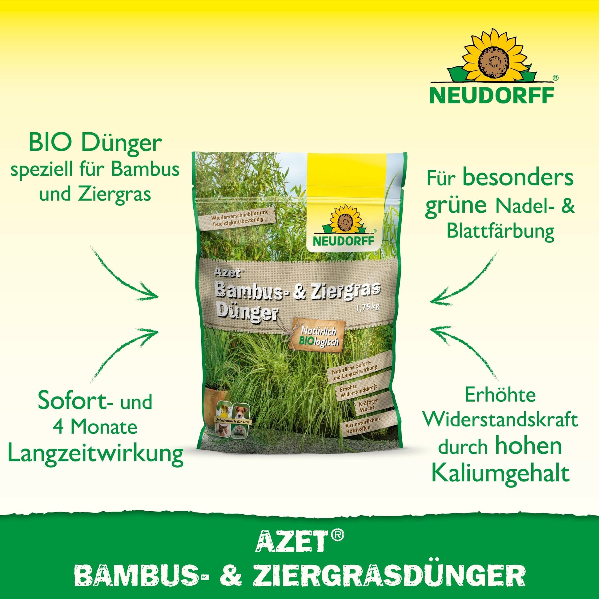 In the middle, a bag of Neudorff Shop Azet Bamboo & Ornamental Grass Fertilizer is depicted, with German text about long-lasting effects and greener leaves for bamboo and ornamental grass on a white and green background.