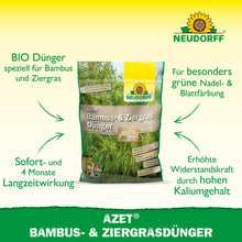 In the middle, a bag of Neudorff Shop Azet Bamboo & Ornamental Grass Fertilizer is depicted, with German text about long-lasting effects and greener leaves for bamboo and ornamental grass on a white and green background.