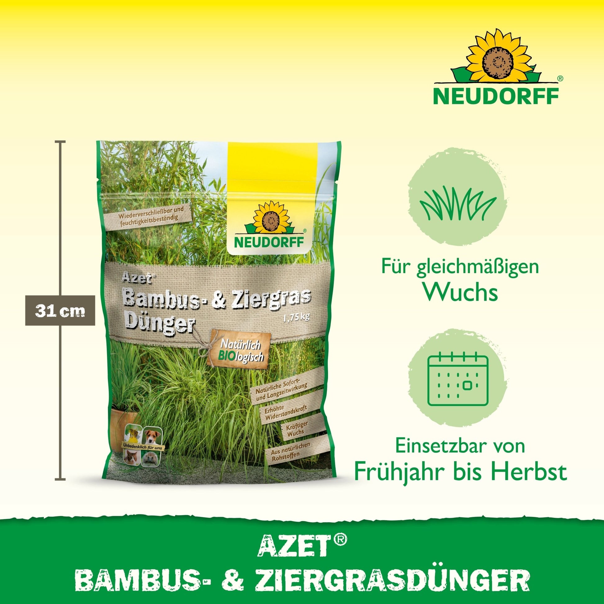 Depicted is a 1.75 kg, 31 cm large bag of Neudorff Shop Azet Bamboo & Ornamental Grass Fertilizer, ideal for healthy bamboo and ornamental grass growth from spring to fall, with images of easy-care plants.