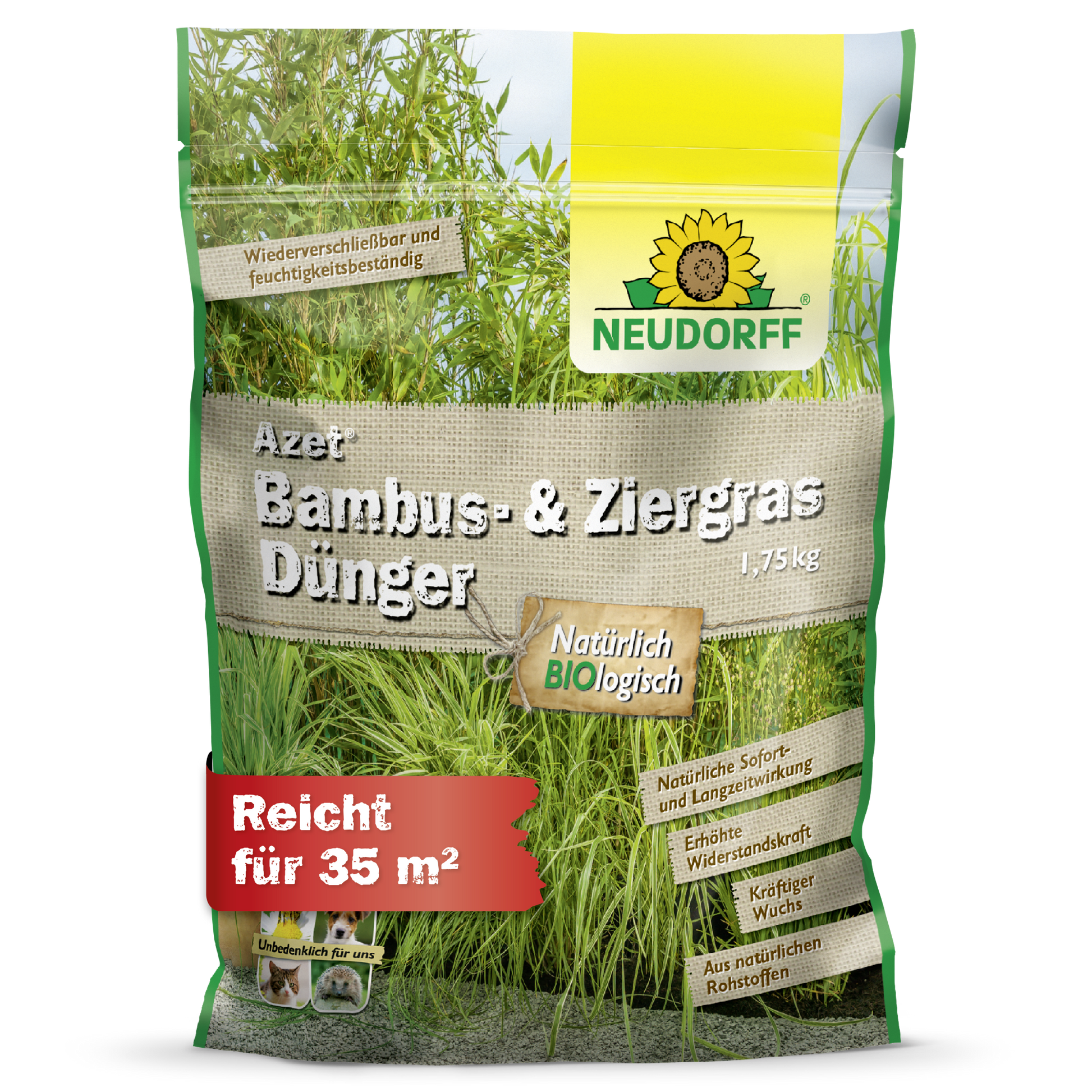 Azet Bamboo & Ornamental Grass Fertilizer from Neudorff Shop: 1.75 kg for grasses in the garden, organic ingredients, covers 35 m². The green-yellow packaging with grass and bamboo motif makes application particularly easy.