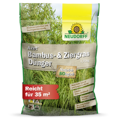 Azet Bamboo & Ornamental Grass Fertilizer from Neudorff Shop: 1.75 kg for grasses in the garden, organic ingredients, covers 35 m². The green-yellow packaging with grass and bamboo motif makes application particularly easy.