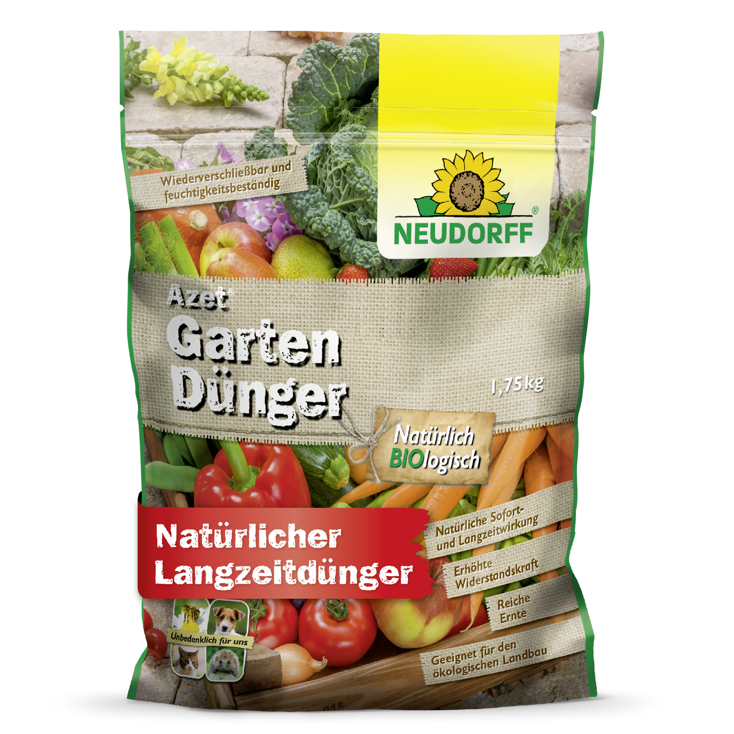 A 1.75 kg bag of Neudorff Shop Azet Garden Fertilizer, an organic fertilizer for long-term garden care, with illustrations of vegetables, the Neudorff logo, and a German text about optimal plant fertilization.