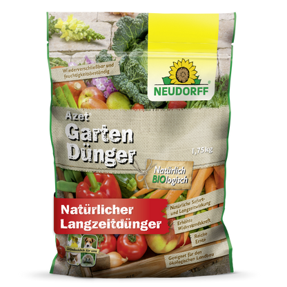 A 1.75 kg bag of Neudorff Shop Azet Garden Fertilizer, an organic fertilizer for long-term garden care, with illustrations of vegetables, the Neudorff logo, and a German text about optimal plant fertilization.