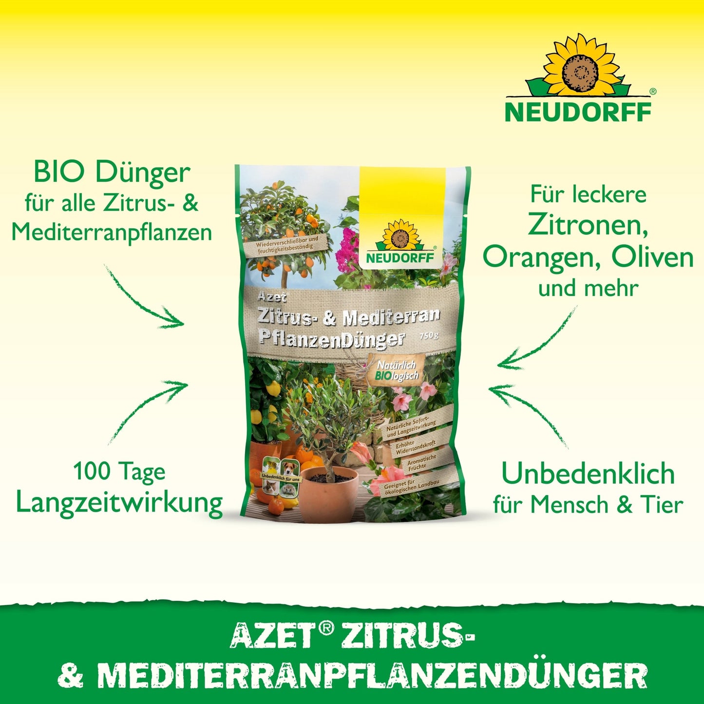 Pictured is Azet Citrus & Mediterranean Plant Fertilizer from Neudorff Shop, an organic complete fertilizer for Mediterranean container plants like lemons, olives, oranges, and oleander with long-lasting effect.