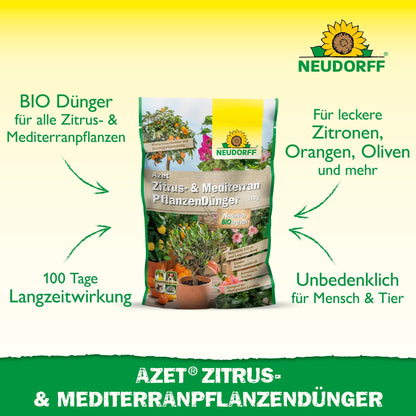 Pictured is Azet Citrus & Mediterranean Plant Fertilizer from Neudorff Shop, an organic complete fertilizer for Mediterranean container plants like lemons, olives, oranges, and oleander with long-lasting effect.