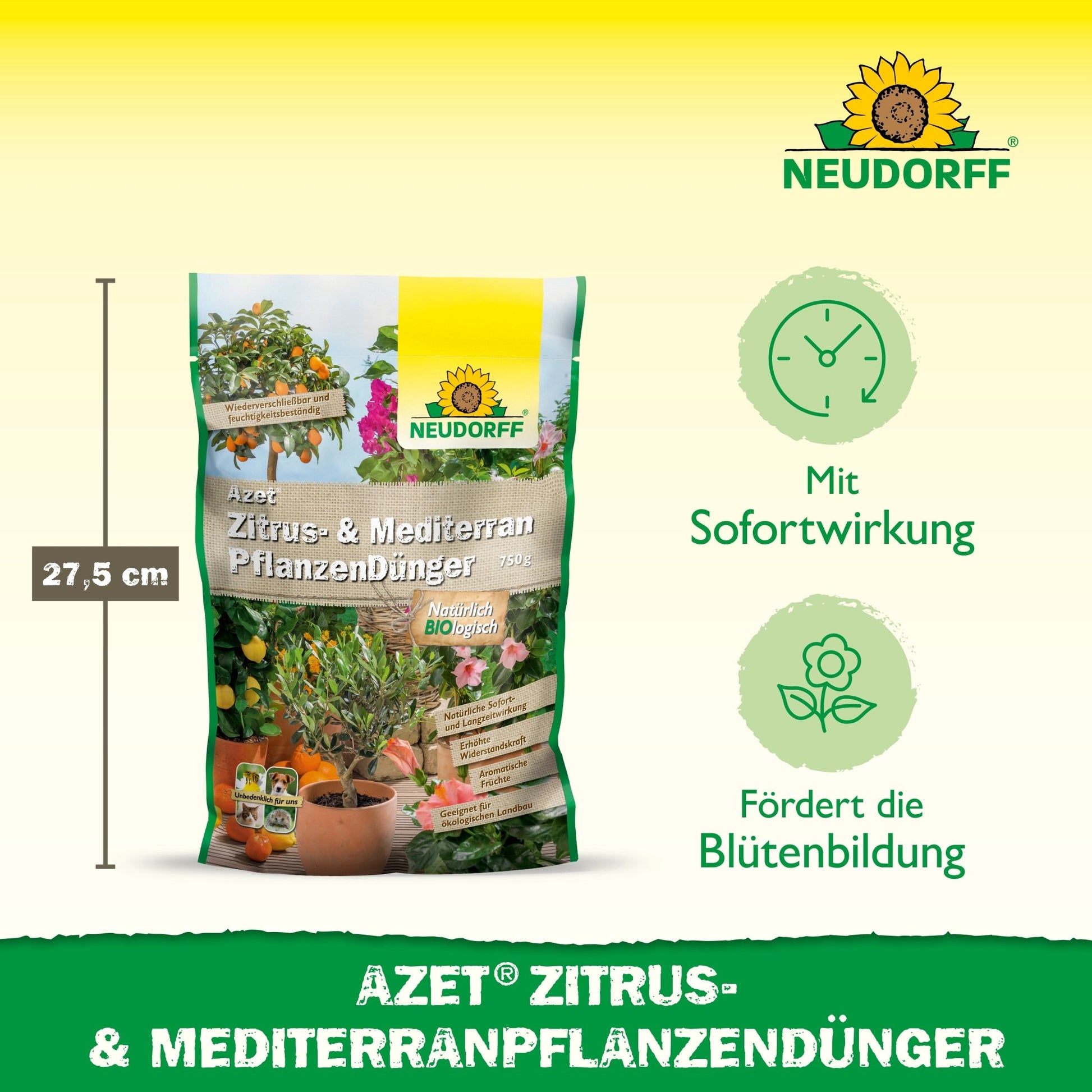 A 27.5 cm high bag of Azet Citrus & Mediterranean Plant Fertilizer from Neudorff Shop is shown with icons for quick action and flower promotion. The green and yellow branding highlights citrus plants and Mediterranean container plants.