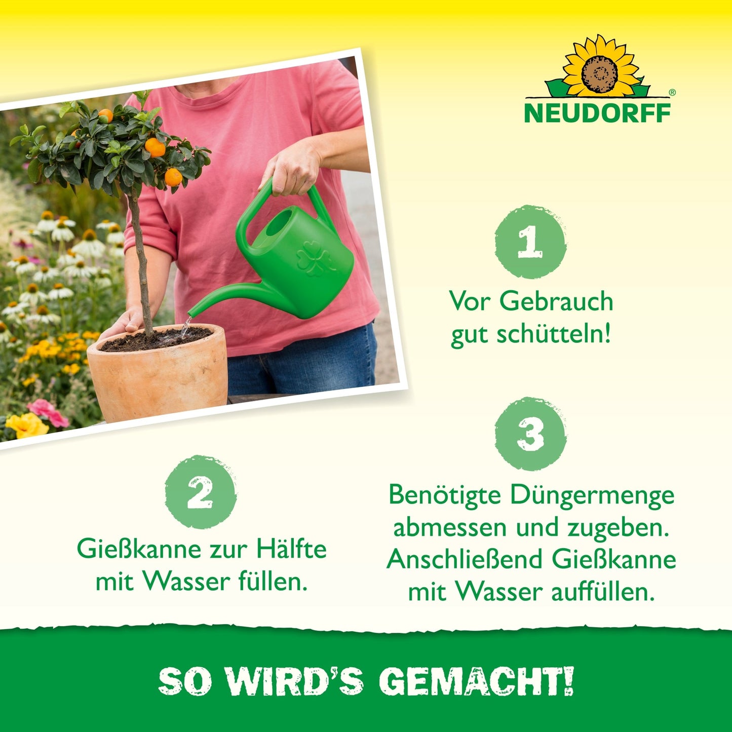 A person waters a small potted tree - presumably an oleander - with a green watering can. German instructions for using Azet Citrus & Mediterranean Plant Fertilizer from Neudorff Shop, with step numbers and the Neudorff logo in the top right.