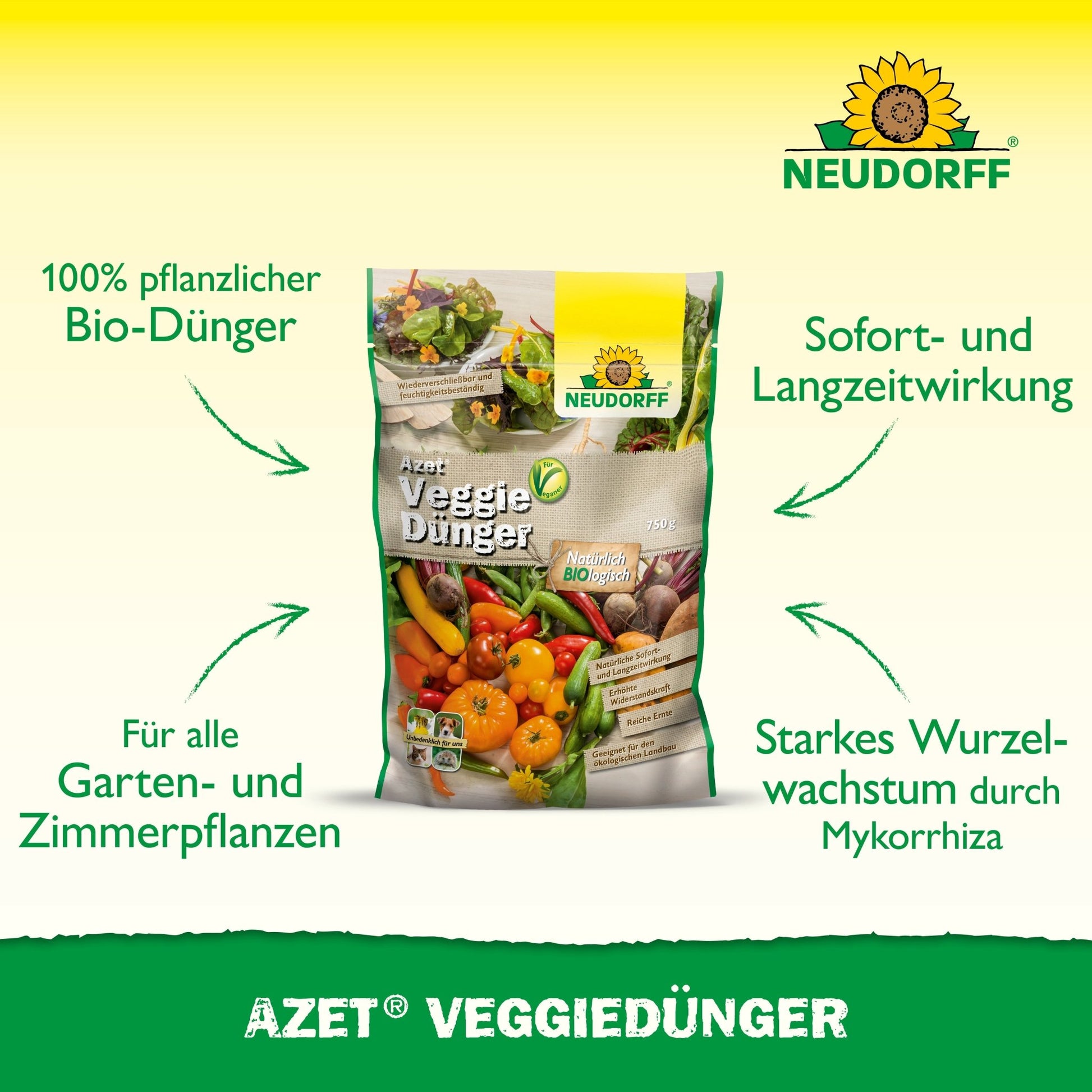 A bag of Azet VeggieFertilizer from Neudorff Shop is depicted with vegetable images. The text highlights it as a 100% vegan fertilizer for garden and indoor plants that has an immediate effect and promotes strong root growth.