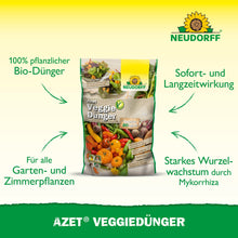 A bag of Azet VeggieFertilizer from Neudorff Shop is depicted with vegetable images. The text highlights it as a 100% vegan fertilizer for garden and indoor plants that has an immediate effect and promotes strong root growth.