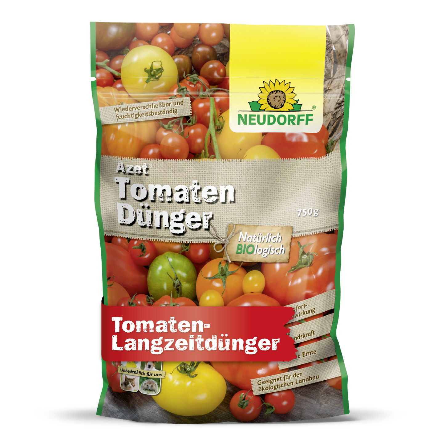 The 750g bag of Azet Tomato Fertilizer from Neudorff Shop is adorned with tomato motifs and a yellow sunflower logo. This organic complete fertilizer provides natural, long-term nutrients for abundant tomato harvests.