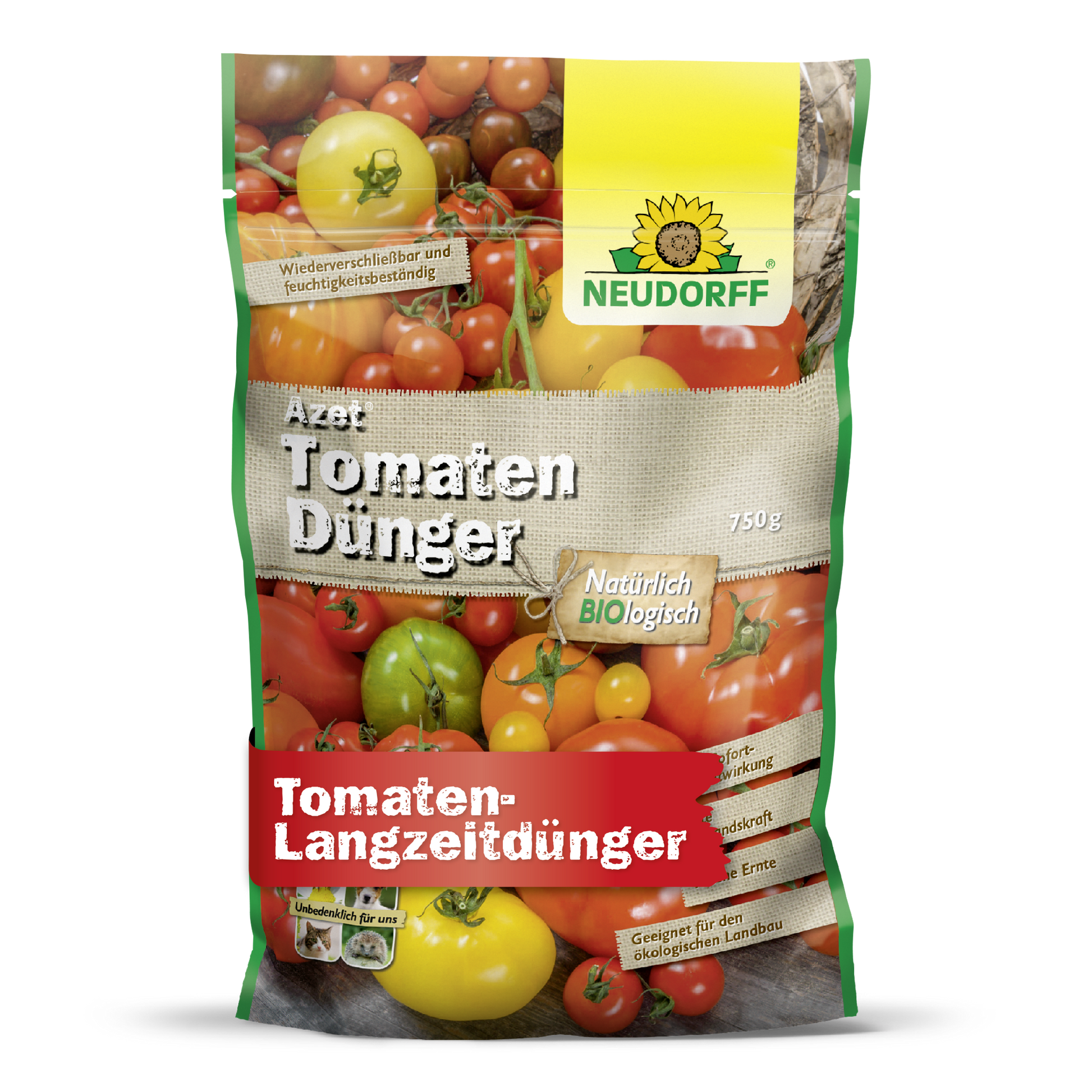 The 750g bag of Azet Tomato Fertilizer from Neudorff Shop is adorned with tomato motifs and a yellow sunflower logo. This organic complete fertilizer provides natural, long-term nutrients for abundant tomato harvests.
