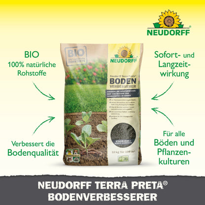 A pack of Neudorff Terra Preta Soil Improver from the Neudorff Shop stands on the ground with young plants. The packaging highlights the organic ingredients for soil improvement, the benefits for lawns, fruits, and vegetables, as well as the long-lasting effectiveness on all soils.
