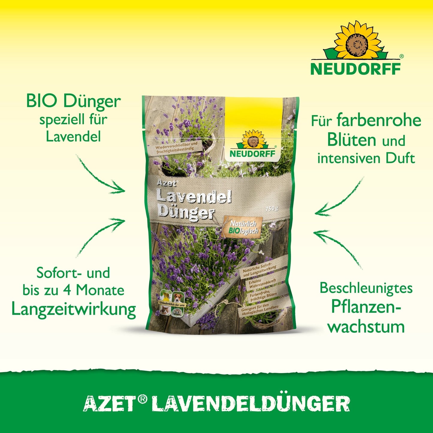 Azet Lavender Fertilizer from the Neudorff Shop is pictured in the center. The green text highlights the organic formula, long-lasting effect, intense fragrance, bright blue-violet flowers, and improved growth for drought-tolerant shrubs.