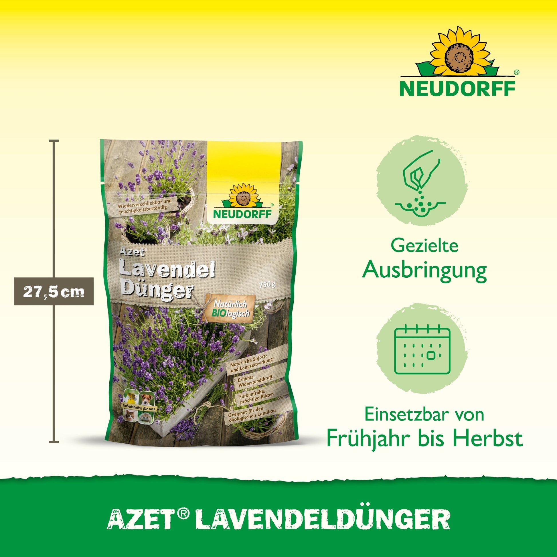 Azet Lavender Fertilizer from Neudorff Shop comes in a 27.5 cm high, upright standing bag featuring images of lavender with blue-violet flowers and product information. The pictograms indicate that it is drought-tolerant lavender from spring to autumn.
