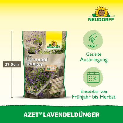 Azet Lavender Fertilizer from Neudorff Shop comes in a 27.5 cm high, upright standing bag featuring images of lavender with blue-violet flowers and product information. The pictograms indicate that it is drought-tolerant lavender from spring to autumn.