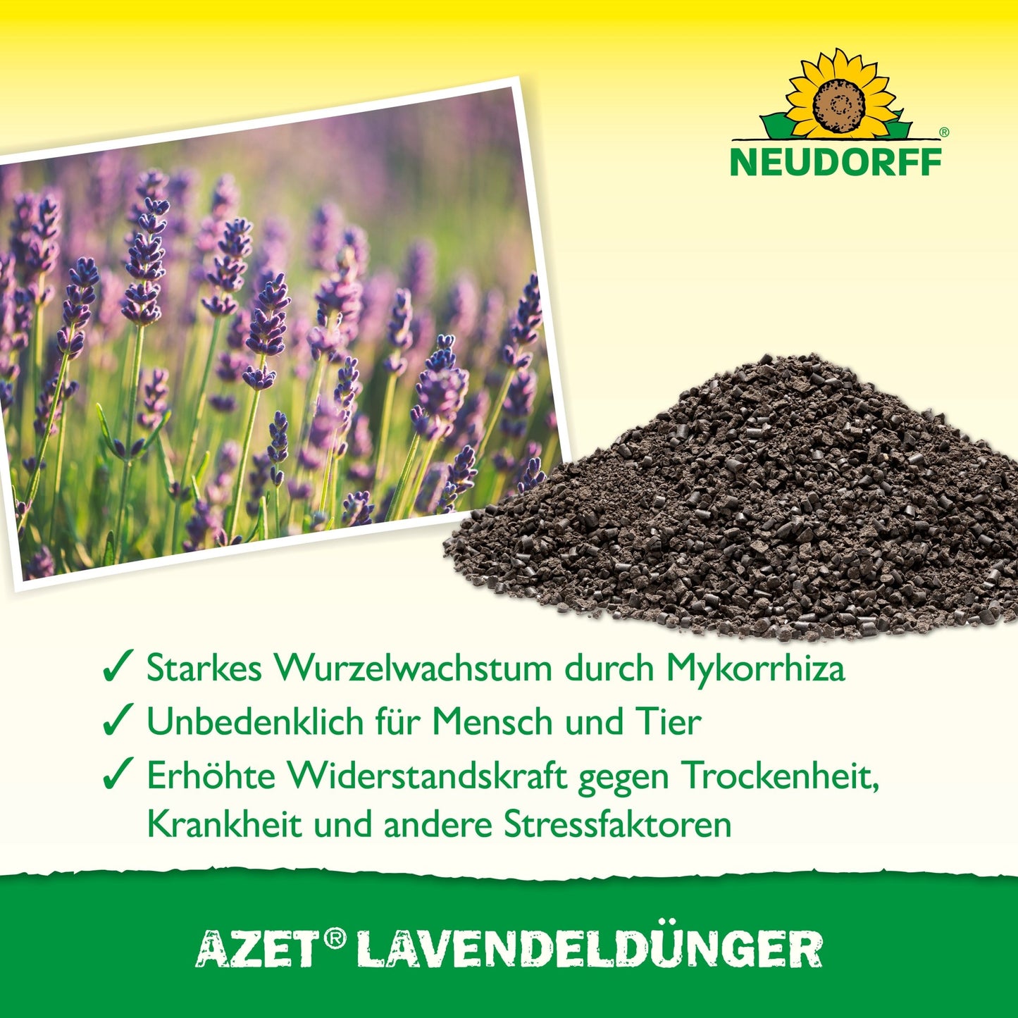Azet Lavender Fertilizer from Neudorff Shop is in granule form next to lavender with blue-purple flowers. German text highlights the benefits, and the Neudorff sunflower logo is visible at the top right.