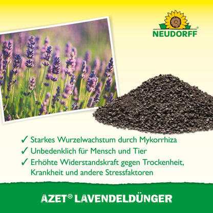 Azet Lavender Fertilizer from Neudorff Shop is in granule form next to lavender with blue-purple flowers. German text highlights the benefits, and the Neudorff sunflower logo is visible at the top right.