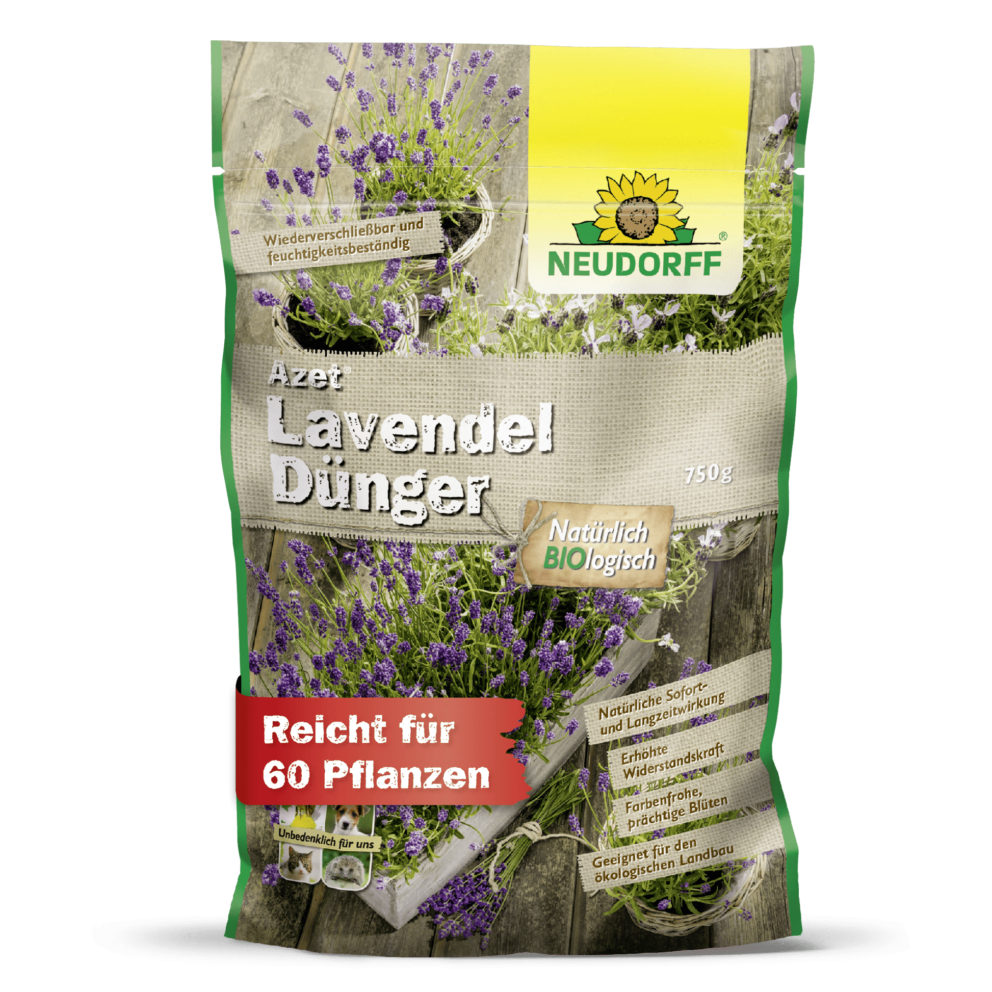 A 750g bag of Neudorff Shop Azet Lavender Fertilizer, with lavender and blue-purple flowers on the packaging. This organic fertilizer nourishes up to 60 plants and promotes robust, drought-tolerant shrub growth.