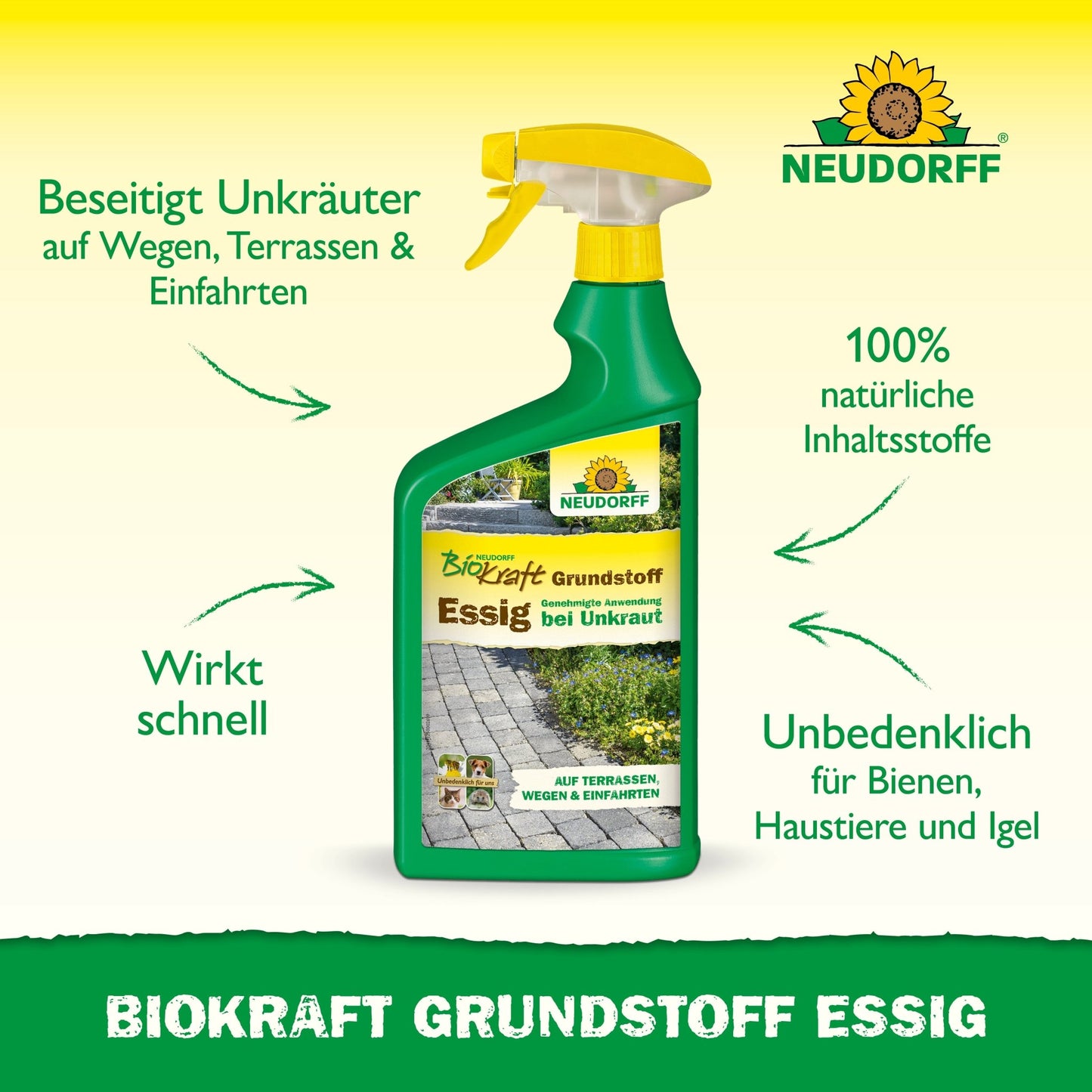A green spray bottle labeled "Neudorff BioKraft Base Material Vinegar" from the Neudorff Shop stands upright. The German text highlights the natural ingredients, quick action, and safe, effective weed removal for pet- and bee-friendly terraces and paths.