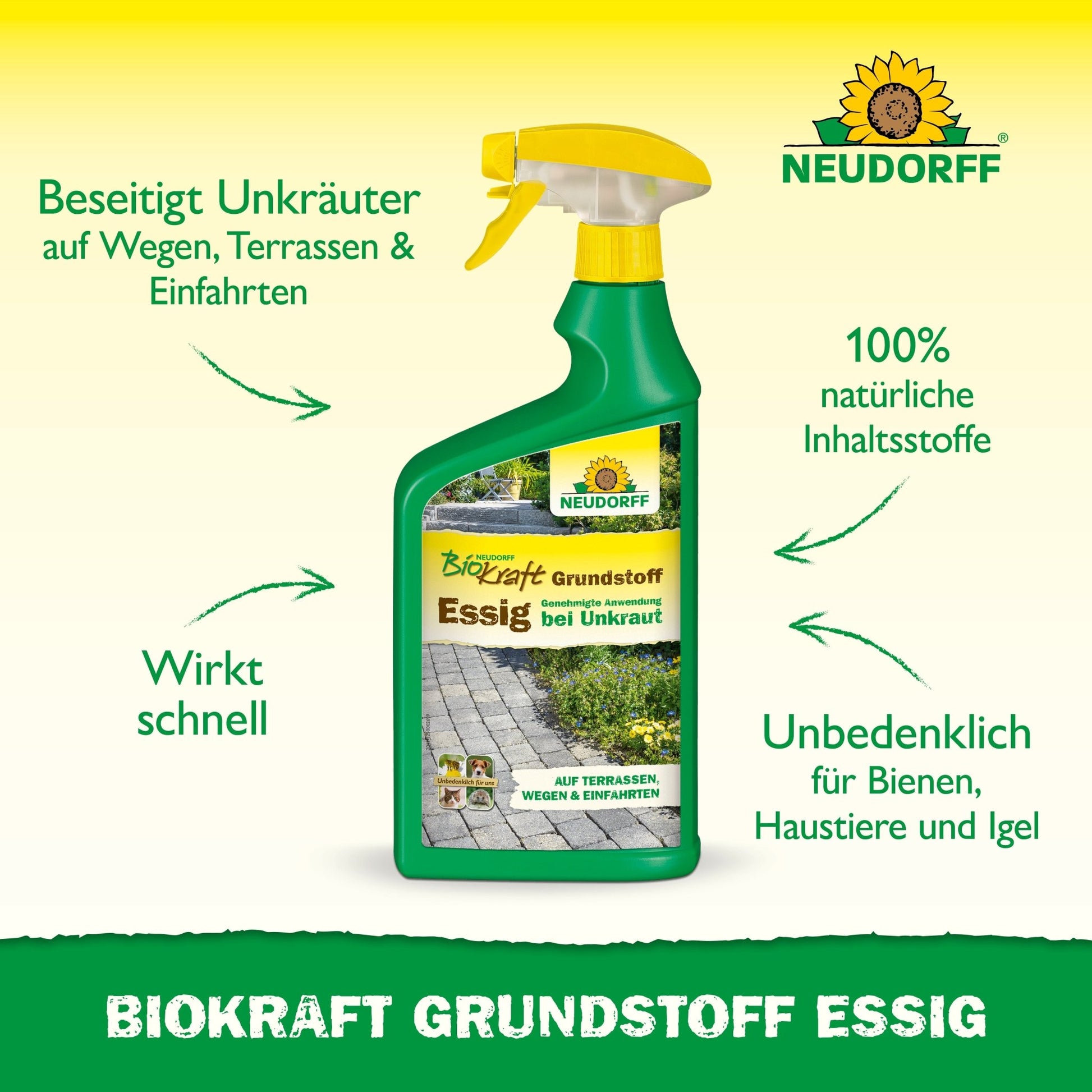 A green spray bottle labeled "Neudorff BioKraft Base Material Vinegar" from the Neudorff Shop stands upright. The German text highlights the natural ingredients, quick action, and safe, effective weed removal for pet- and bee-friendly terraces and paths.