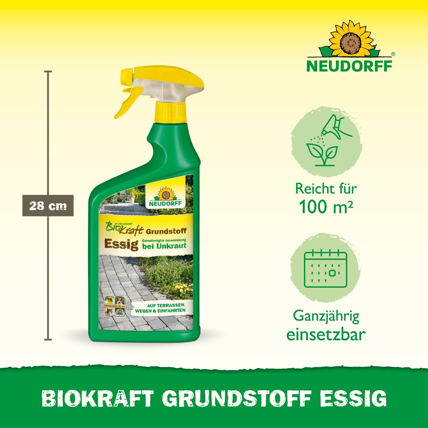 Pictured is a 28 cm high spray bottle of Neudorff BioKraft Base Material Vinegar from the Neudorff Shop, covering 100 m² and keeping terraces and paths weed-free - perfect for those who want weed-free terraces all year round.