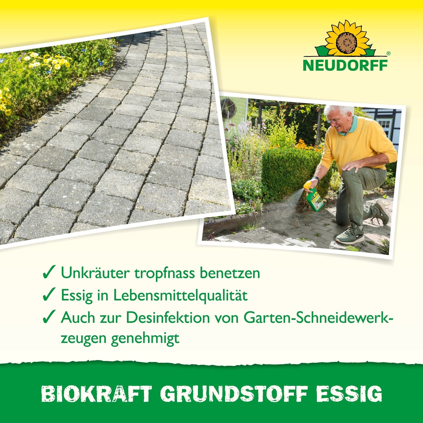 A man uses Neudorff BioKraft Base Material Vinegar from the Neudorff Shop for weed control between the terrace stones, demonstrating effective and natural weed control with food-grade vinegar for a weed-free terrace.