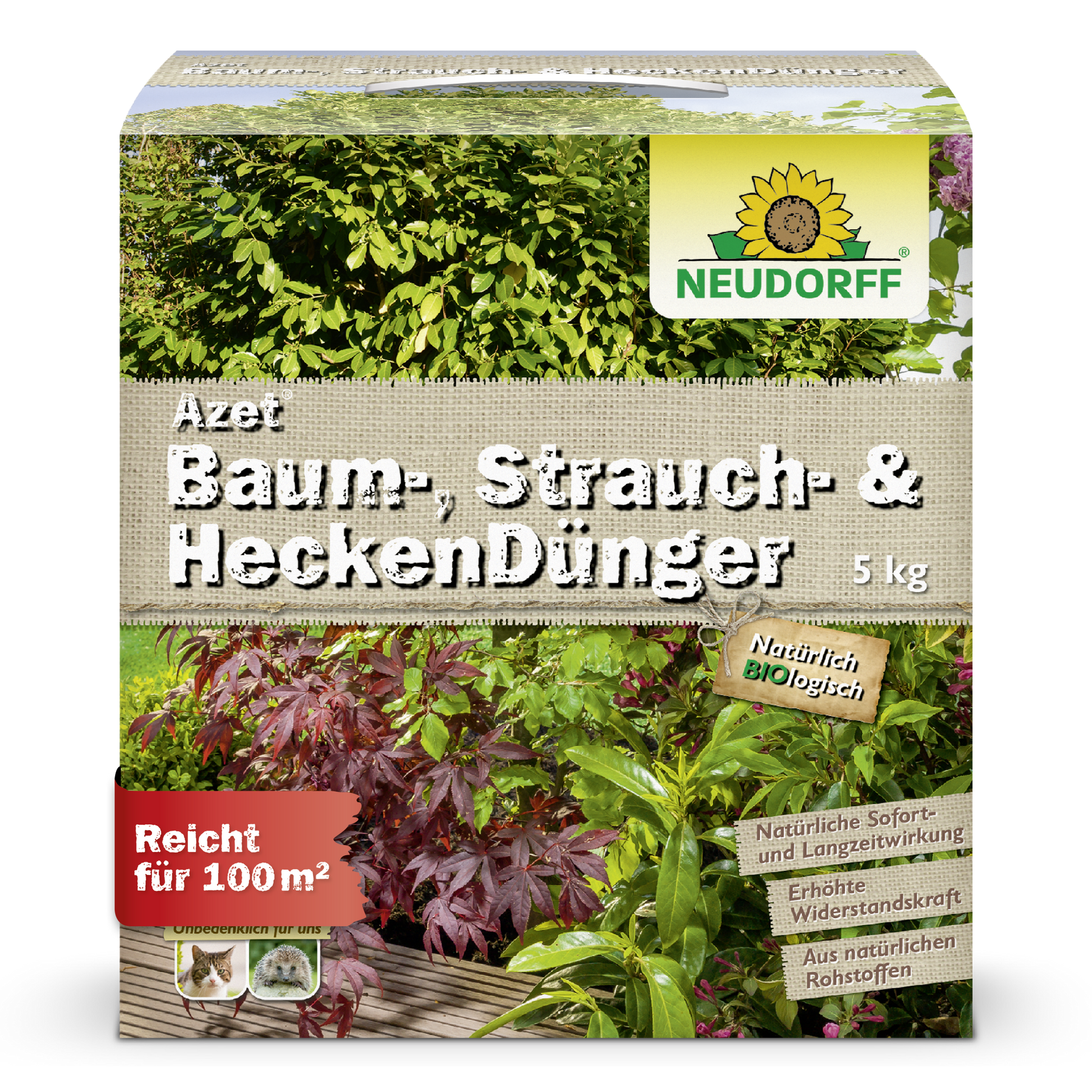 A 5 kg box of Neudorff Shop Azet Tree, Shrub & Hedge Fertilizer, an organic fertilizer for trees, shrubs, and hedges in the garden. The packaging shows green plants and covers up to 100 m².