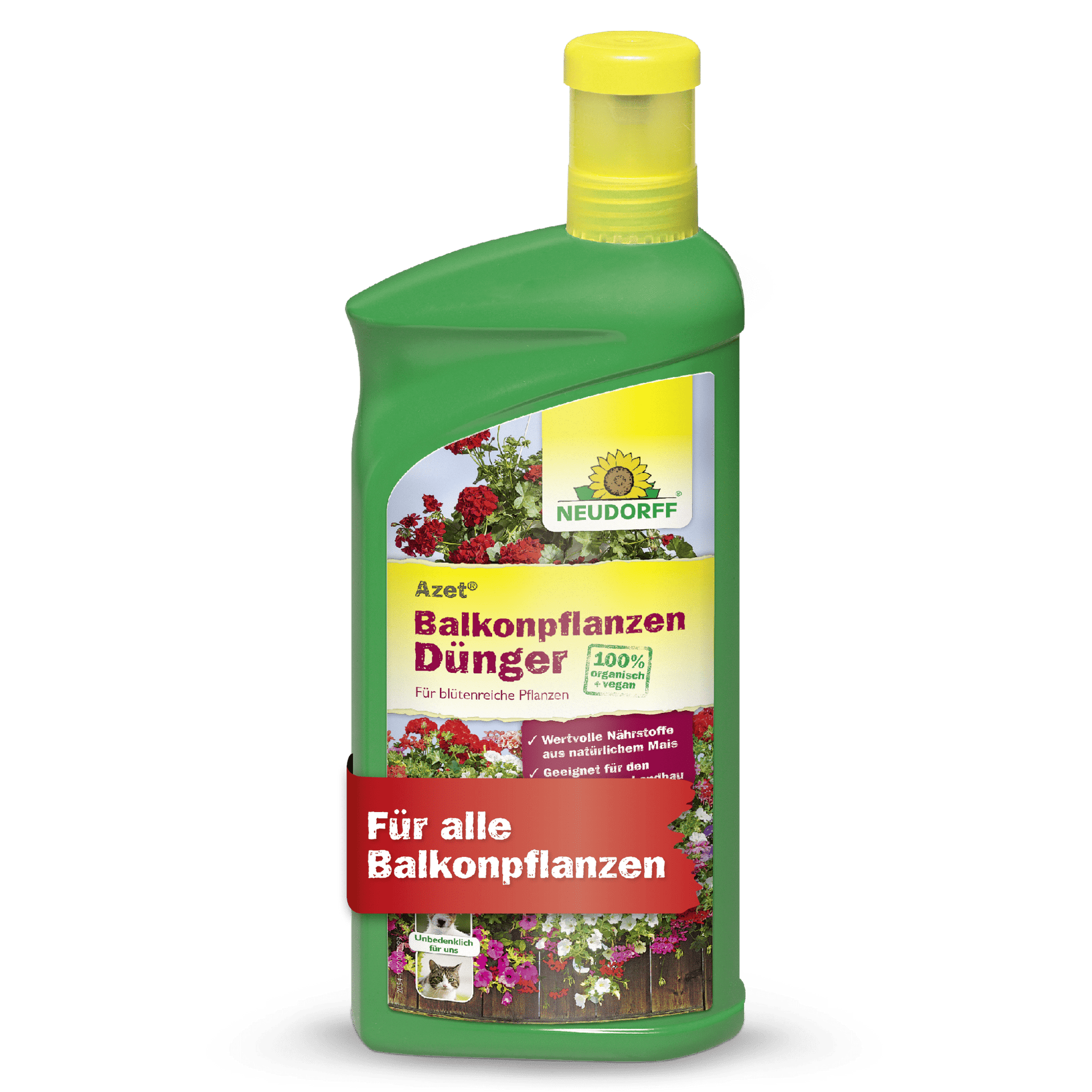 A green bottle of Neudorff Shop Azet Liquid Balcony Plant Fertilizer with a yellow cap is labeled with flowers and German text, ideal for all balcony plants like summer flowers and window boxes.