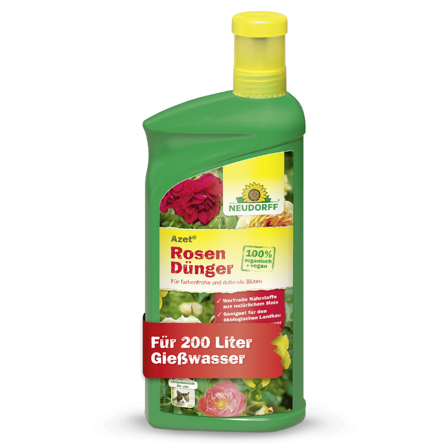 A green plastic bottle of Azet Liquid Rose Fertilizer from Neudorff Shop, a liquid rose fertilizer. The label features roses and product details, indicating that it makes 200 liters of watering solution for optimal rose care.