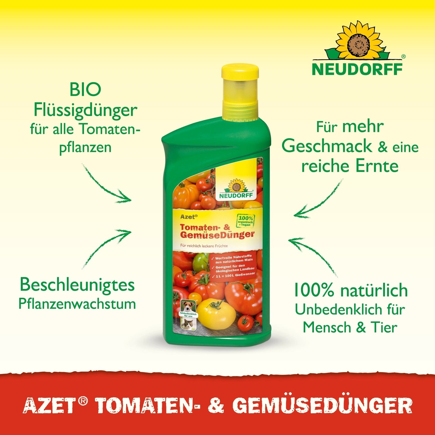 A green bottle of Neudorff Shop Azet Tomato & Vegetable Fertilizer liquid is depicted with tomatoes, peppers, and cucumbers on the label. The German text highlights organic liquid fertilizer and natural ingredients for balcony vegetables.