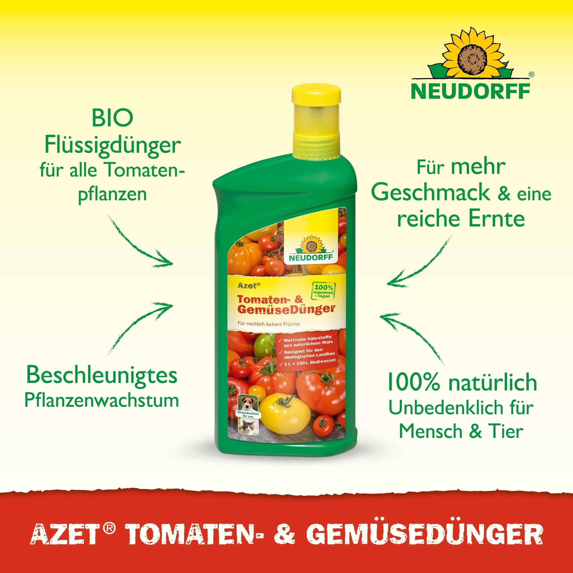 A green bottle of Neudorff Shop Azet Tomato & Vegetable Fertilizer liquid is depicted with tomatoes, peppers, and cucumbers on the label. The German text highlights organic liquid fertilizer and natural ingredients for balcony vegetables.