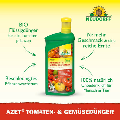A green bottle of Neudorff Shop Azet Tomato & Vegetable Fertilizer liquid is depicted with tomatoes, peppers, and cucumbers on the label. The German text highlights organic liquid fertilizer and natural ingredients for balcony vegetables.