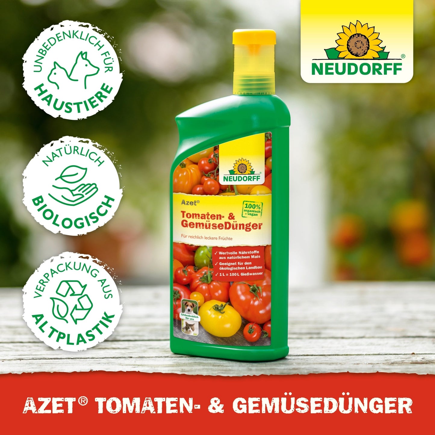 A bottle of Azet Tomato & Vegetable Fertilizer liquid from Neudorff Shop stands on a wooden table with tomatoes, peppers, and balcony vegetables. On the left are icons for pet safety, organic quality, and bio-plastic; at the top right is the Neudorff logo.